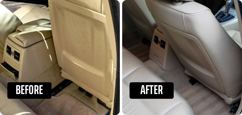 Before and after vehicle interior detailing showcasing spotless results by Owners Pride North Kansas City.