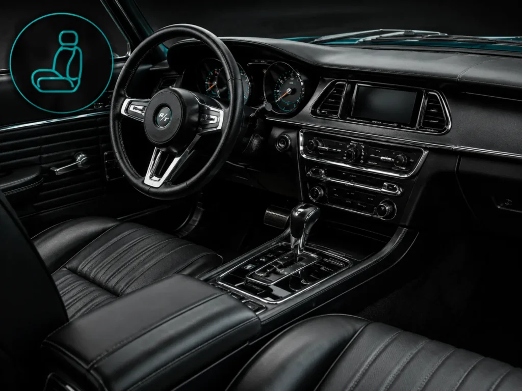 Detailed car interior with leather seats and dashboard, showcasing auto detailing services.