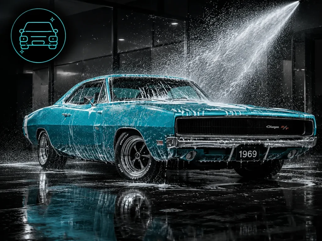 Classic car being professionally detailed with water spray, Owner’s Pride auto detailing services.