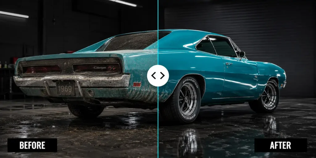 Before and after exterior detailing of a classic blue car.