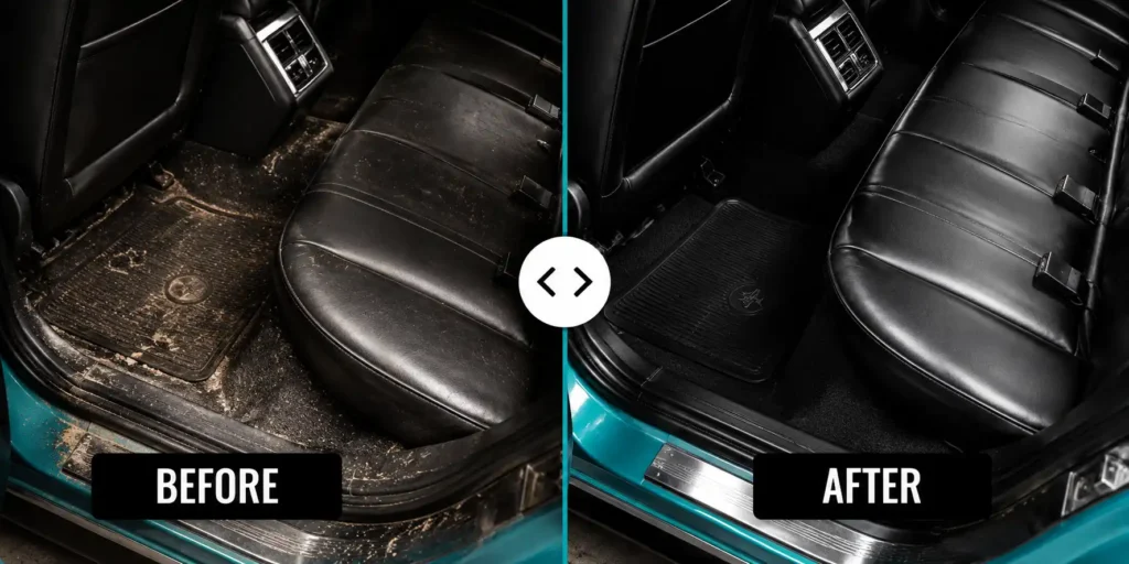 Interior detailing before and after showcasing clean black leather seats and floor mats.